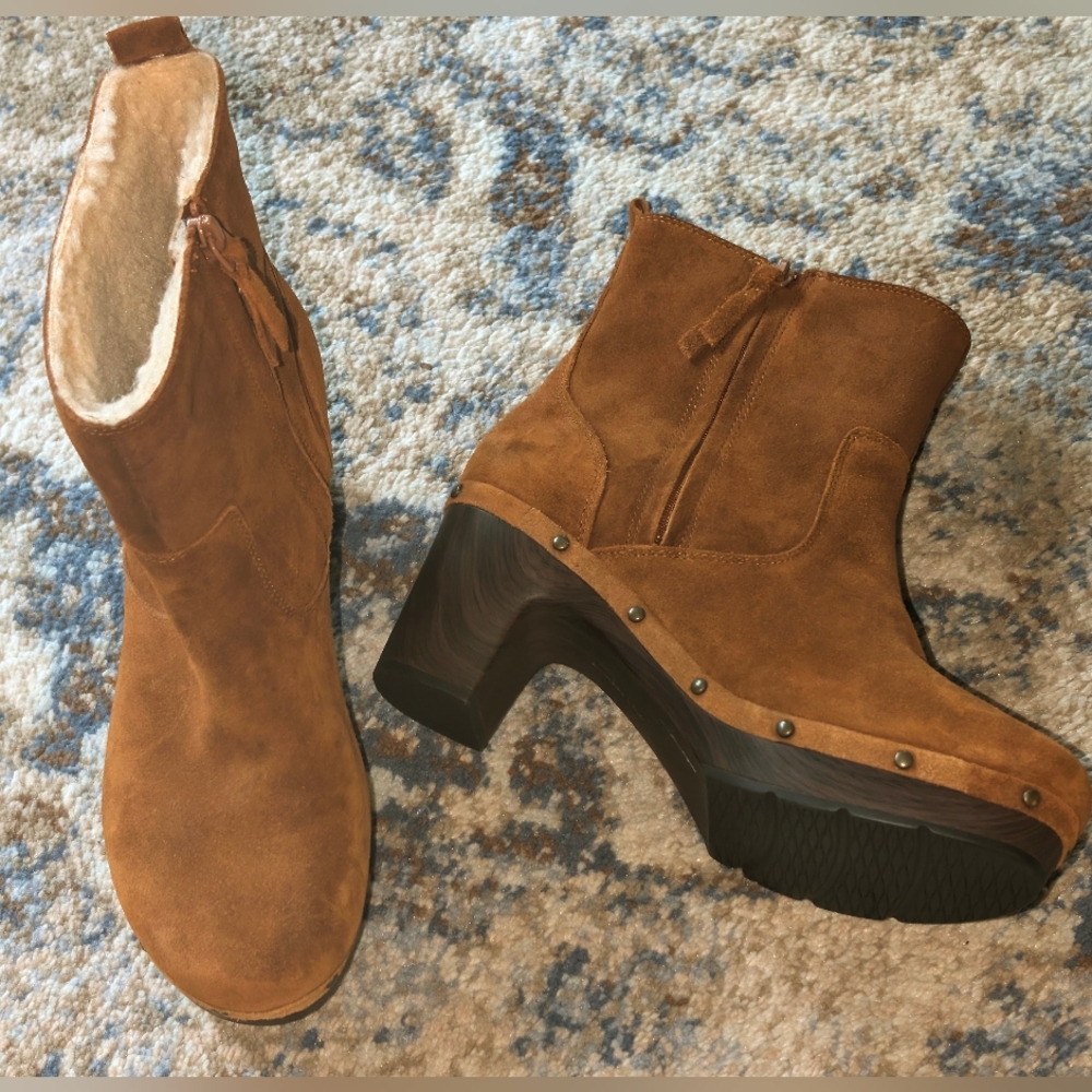 Clark’s Ledella Abby Suede Studded Platform Wood Heel Booties - Picture 2 of 9